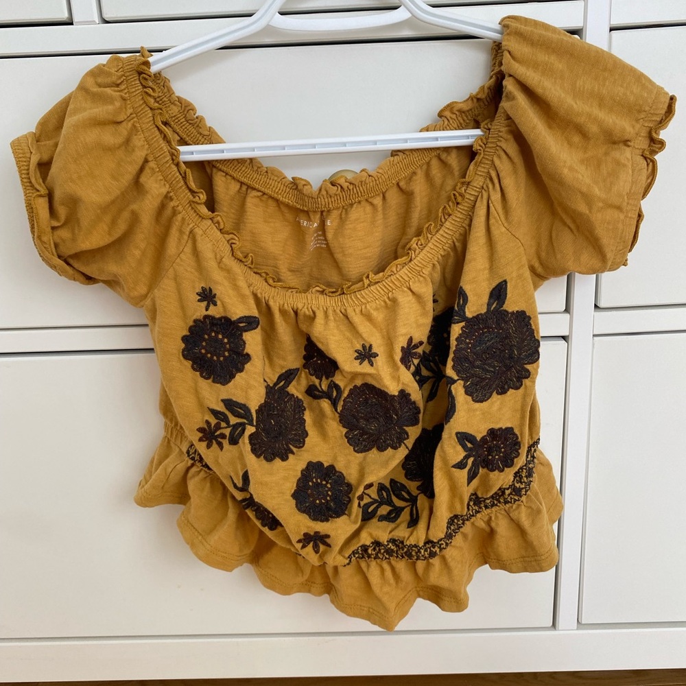 American Eagle Off the Shoulder Embroidered T-Shirt
